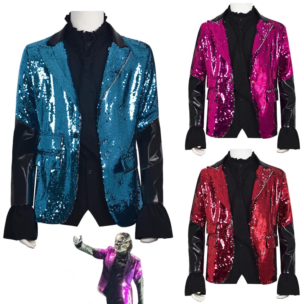 3 pezzi adulto fantasma concerto rosso blu cappotto uomo giacca con paillettes lucide camicia cravatta vestito Halloween carnevale festa spettacolo teatrale costumi