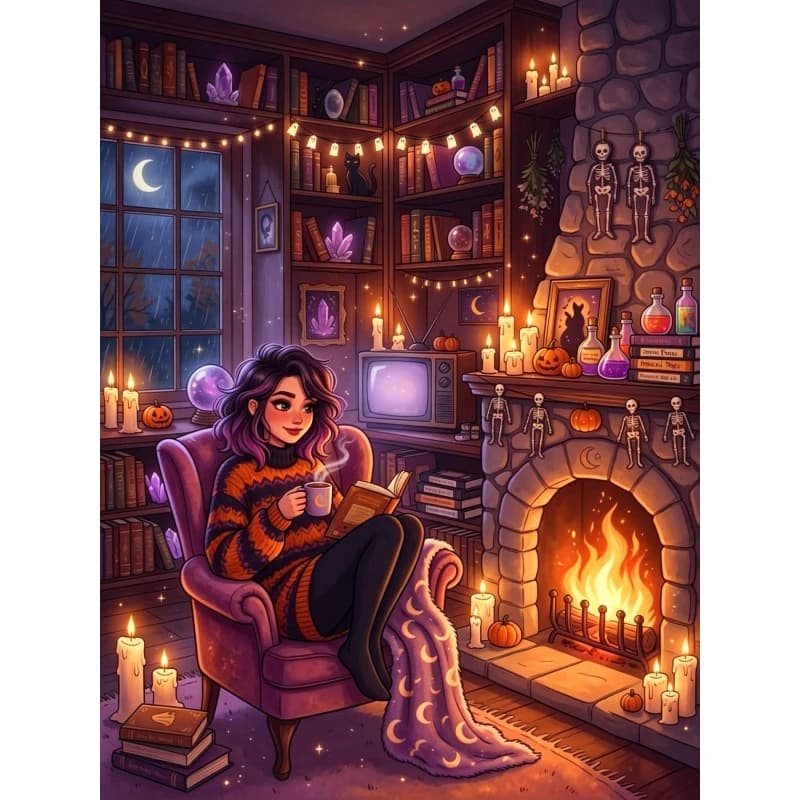 DIY 5D Diamond Painting, Cozy Witchy Halloween Interior Fantasy Art, Hobby Craft for Home Wall Decor, Ideal Gift for Art Lovers