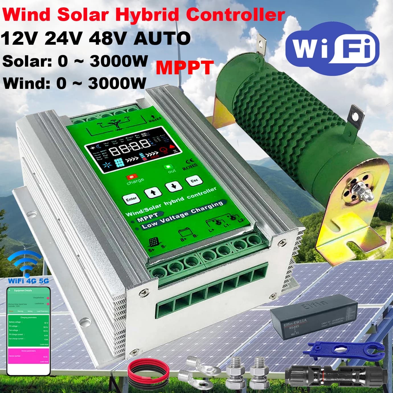 Regolatore di Carica Ibrido Eolico-Solare MARS 12V 24V 48V 3000W con Wifi, MPPT per Pannelli Solari e Turbine Eoliche, Batterie al Litio e al Piombo-Acido