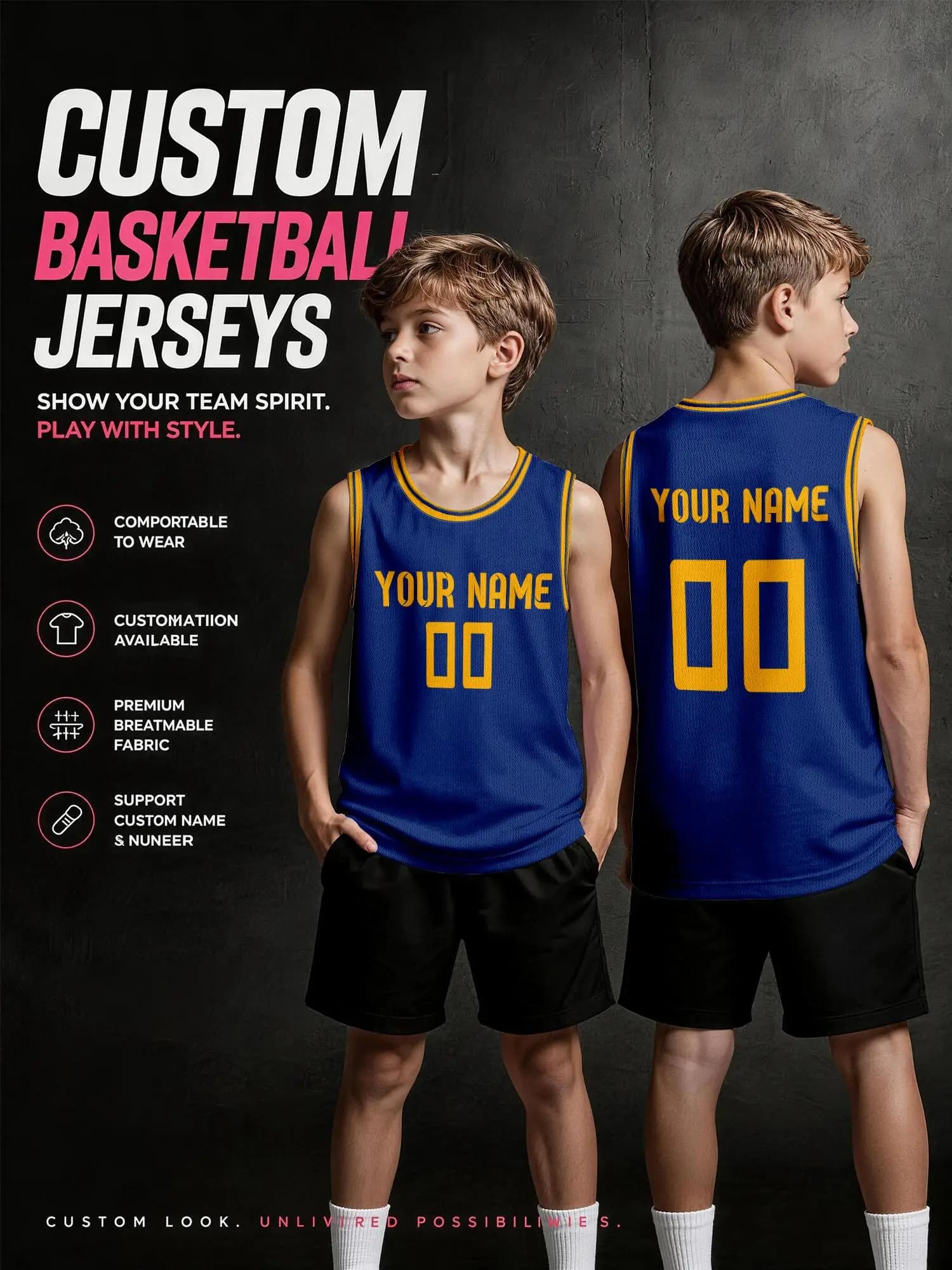 Royal‑Blue With Yellow Trim Custom Basketball Jersey, DIY Name & Number, Breathable Quick‑Dry Set For Adults & Kids