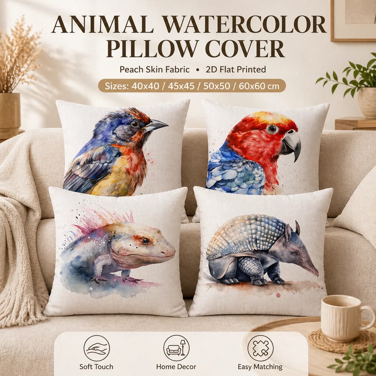 2D Flat Printed Animal Watercolor Pillow Cover Bird Parrot Lizard Armadillo Peach Skin Throw Cushion Case Sofa Living Room Decor