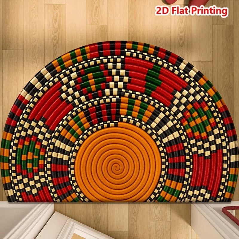 African Woven Semicircle Doormat Traditional Tribal Basket Weave Pattern Non Slip Floor Mat for Ethnic Style Home Decor