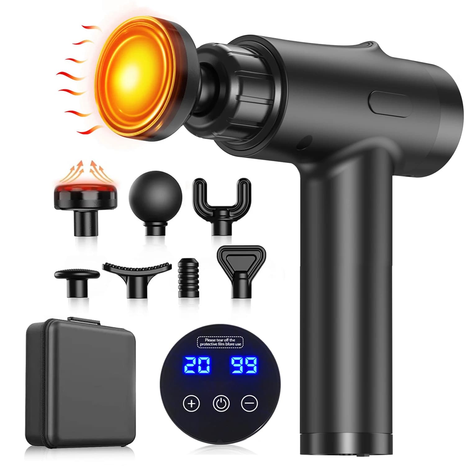 LINGTENG Deep Tissue Massage Gun, Portable Electric Muscle Massager, 20‑Speed Levels, 7 Massage Heads, 1800mAh Rechargeable Battery, Heat Function, with Storage Case, for Back Neck Shoulder, Father's Day Gift for Colleagues, Family, Parents, Friends