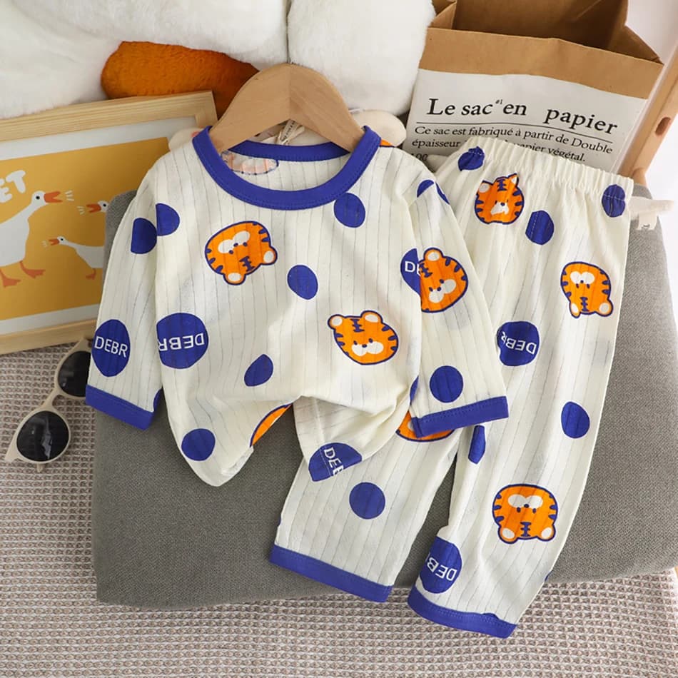 Baby Kids AC Room Pajama Set Cotton Long Sleeve and Pants Outfit Soft Breathable Sleepwear with Cartoon Bear for Boys and Girls