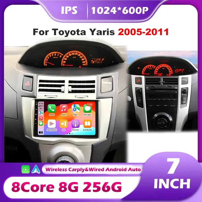 Schermo Carplay da 7 pollici per Toyota Yaris 2005-2011, autoradio Android 16, navigatore GPS, lettore multimediale video, strumenti BT.