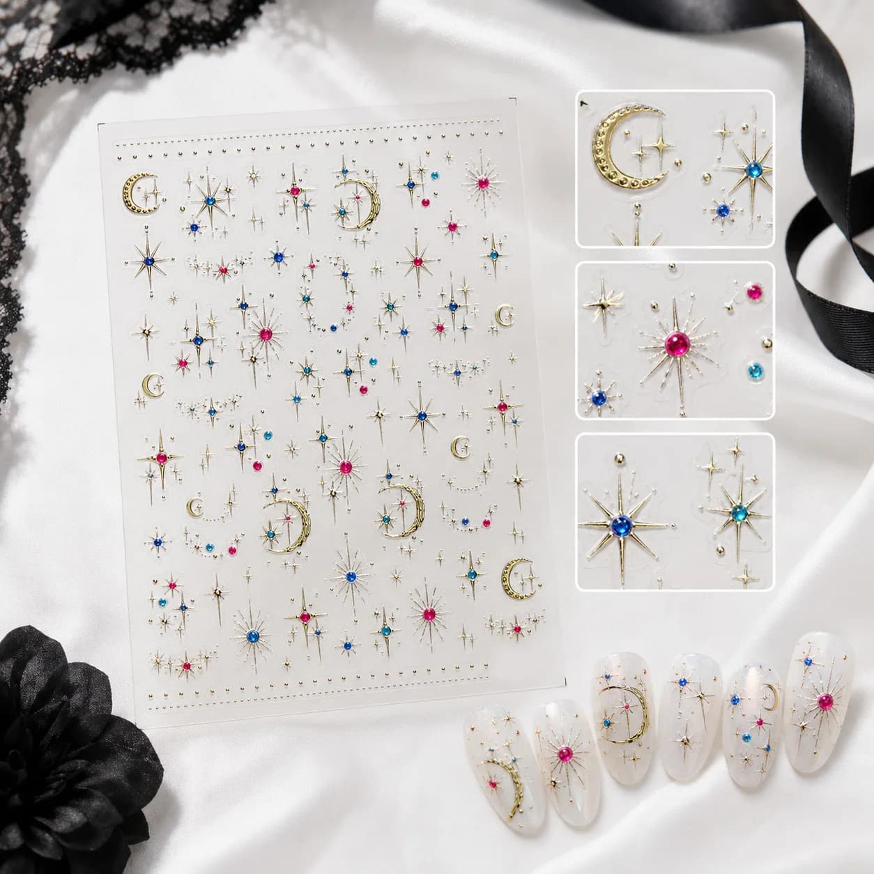 Exquisite Gold Silver Star And Moon Adhesive Nail Stickers Art Decals Manicure Accessories T-5982