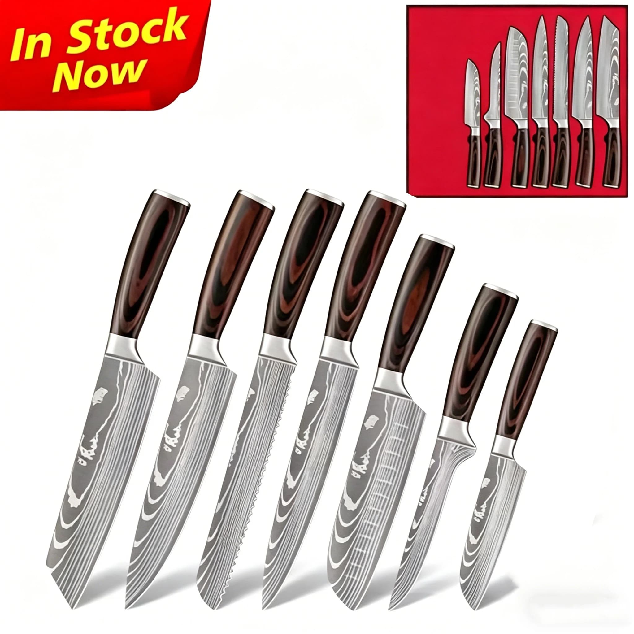 Set di coltelli da cucina in stile giapponese, 7 pezzi, coltello da chef professionale, manico in legno massello, coltello da macellaio in acciaio inossidabile, set completo di coltelli da cucina