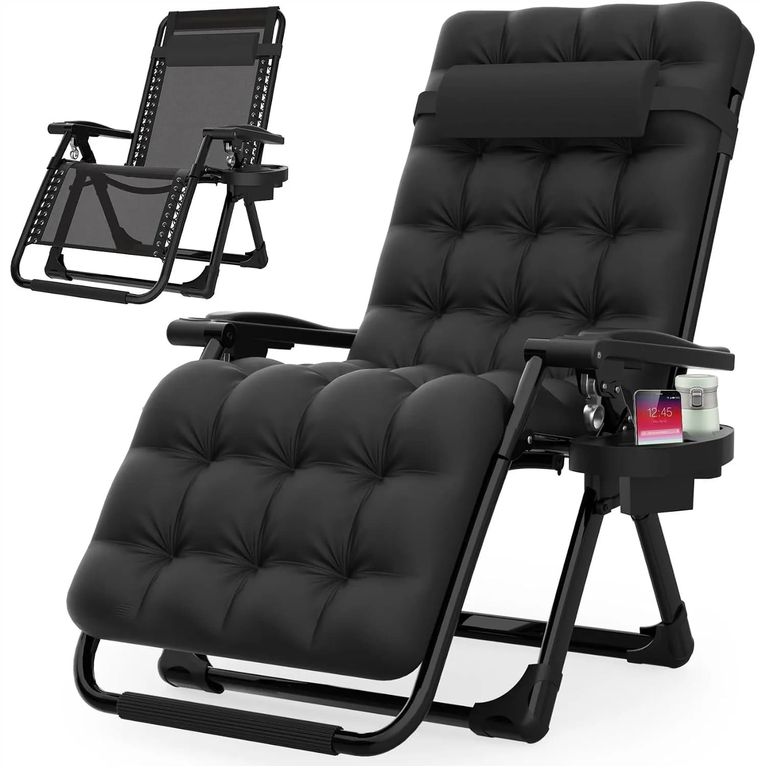 Zero Gravity Chair Reclining Lounge with Removable Cushion, Upgraded Lock and Cup Holder, Folding Patio Chair for Indoor Outdoor