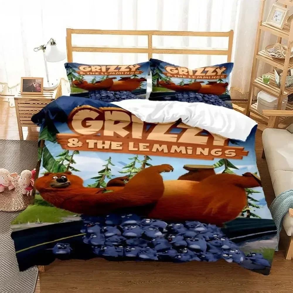 Grizzly & The Lemmings Cartoon Anime Stampato Set letto Copripiumino Federa Set biancheria da letto Lenzuolo Copripiumino Dimensioni letto completo
