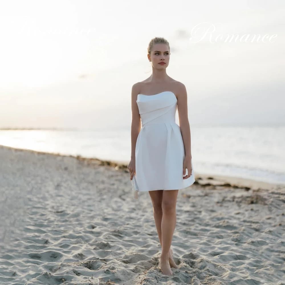 Classic Pleat Short Boat-Neck A-Line Wedding Dress Women Sleeveless Open Back Satin Bridal Gown Vestidos De Novia Customized