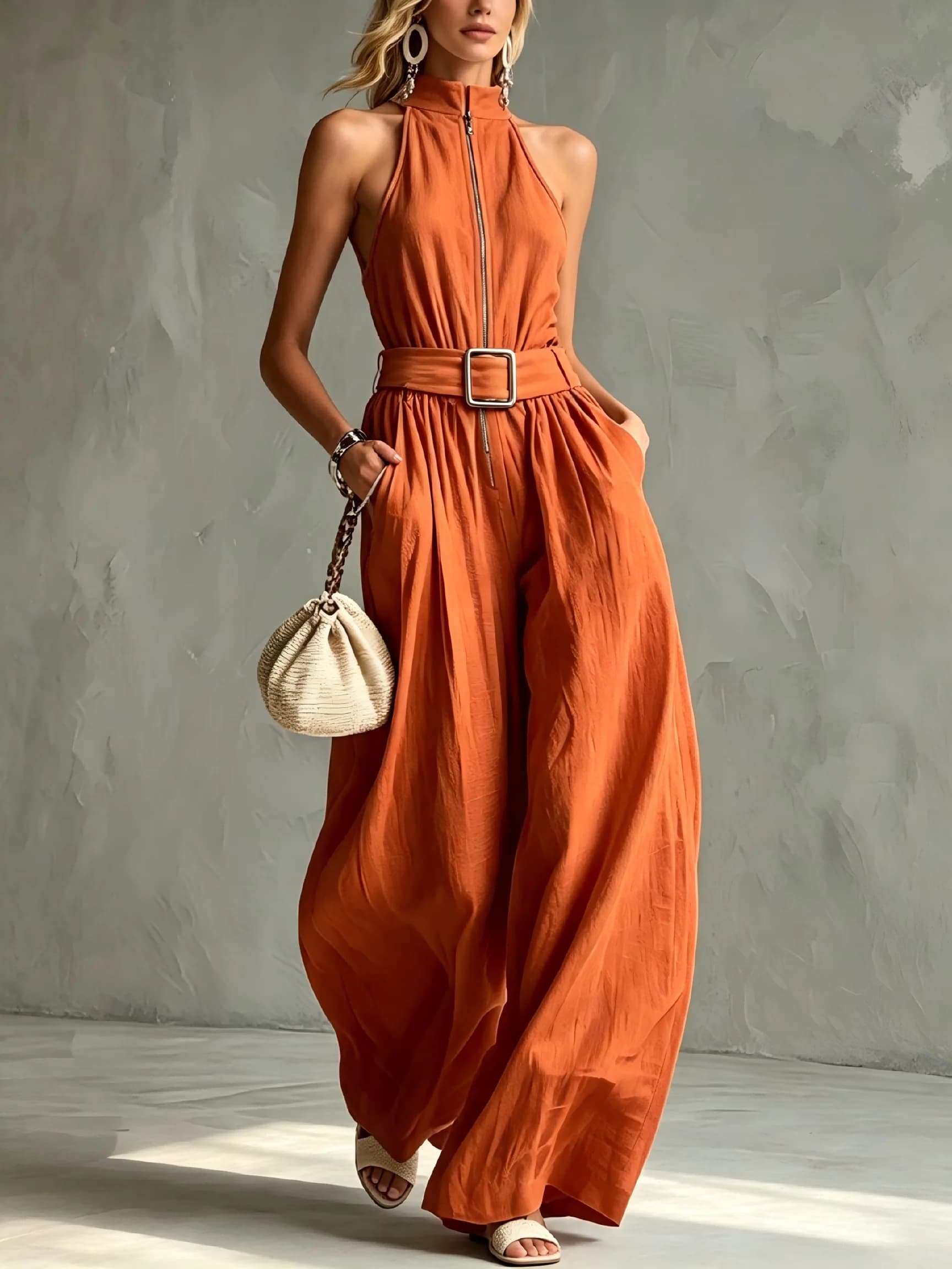Women Halter Sleeveless Zipper Jumpsuit High Waist Belted Wide Leg Orange Romper Casual Loose Overalls With Pockets