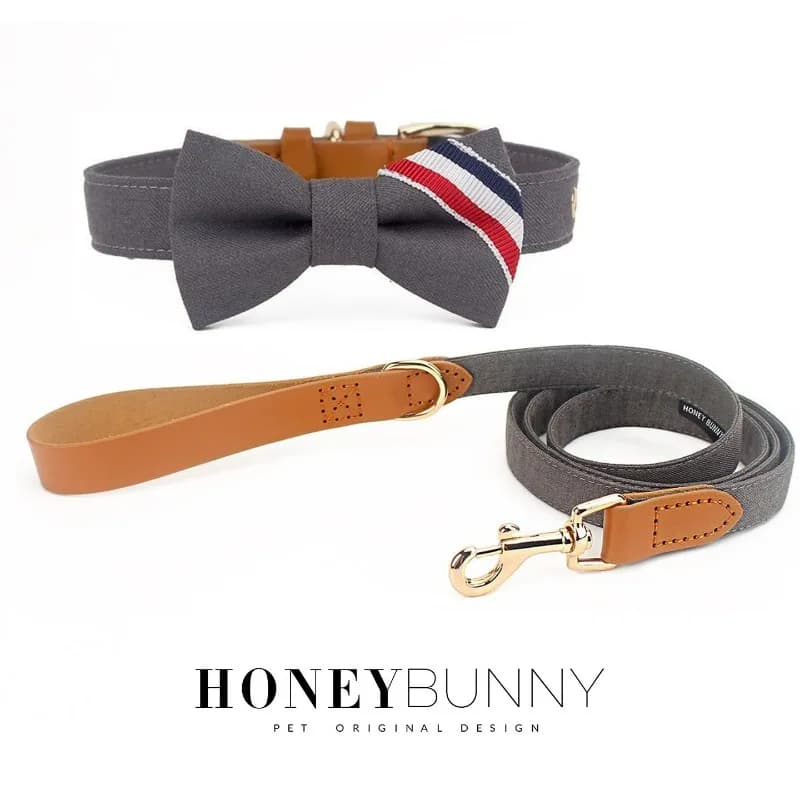 Collare per cani grigio con guinzaglio Collare per cani regolabile con fiocco carino con set di foglie per accessori per animali domestici Teddy Bichon Chihuahua