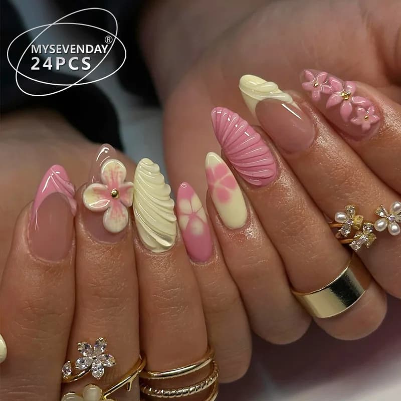 Unghie Finte Artigianali Rosa con Fiori in Rilievo, Rimovibili e Prefabbricate, Lavorazione Avanzata