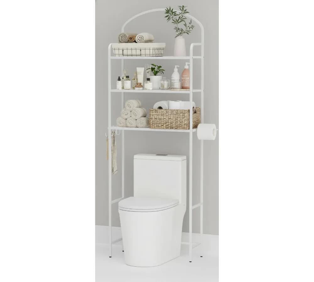 Scaffale per WC a 3 livelli, organizer da bagno con 4 ganci e portarotolo, ripiano salvaspazio in metallo, bianco