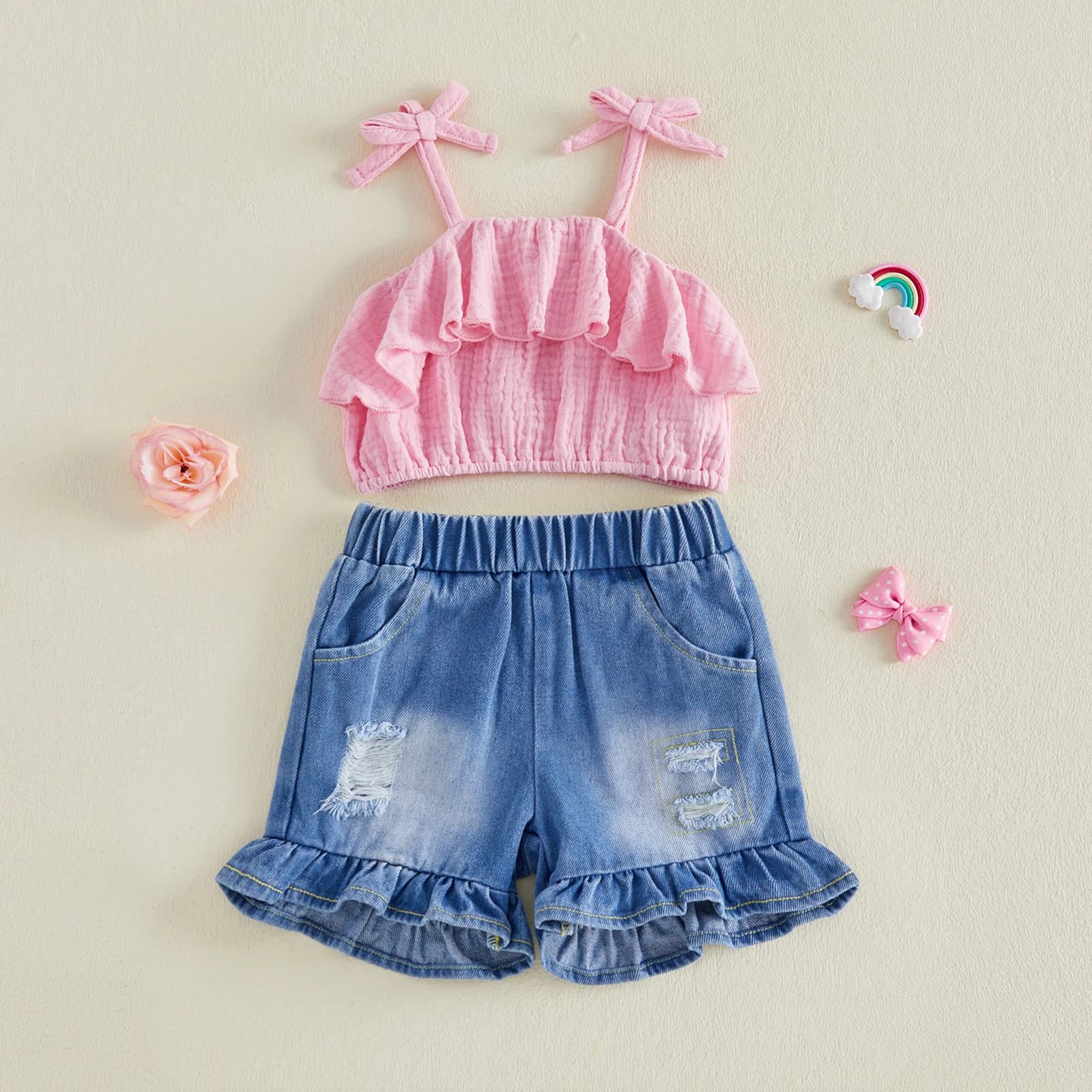 Adorabile set di pantaloncini con stampa floreale per bambina, top senza maniche e pantaloncini con orlo arricciato, per gite estive in spiaggia e serate di gioco