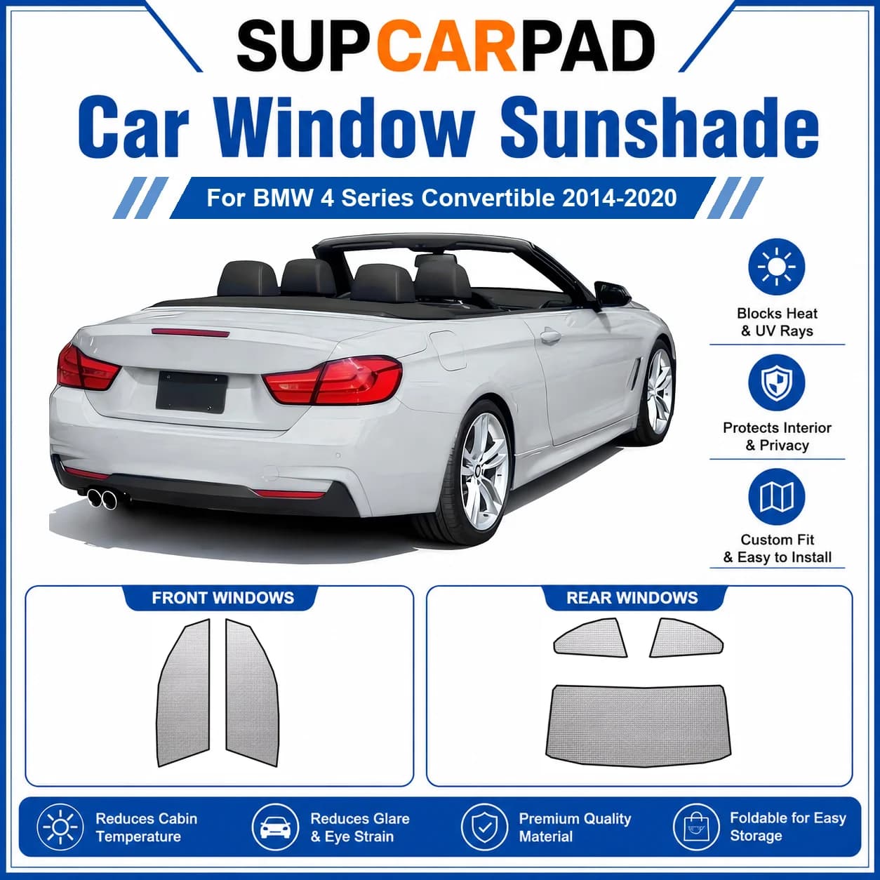 For BMW - BMW 4 Series Convertible 2014-2020 Full Set Car Window Sunshades UV Block Privacy Heat Insulated Foldable Car Curtain