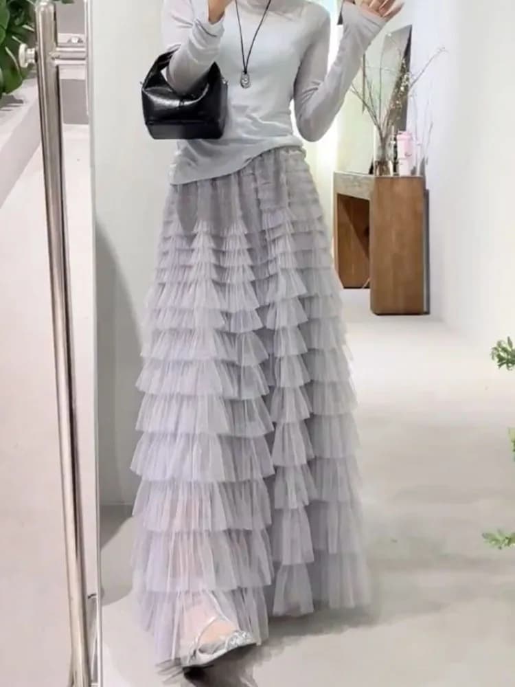 Nuova Collezione Primavera Estate: Gonna Lunga in Rete Grigio Chiaro, Stile Fata Drappeggiato, Versatile, per il Lavoro, Stile Coreano