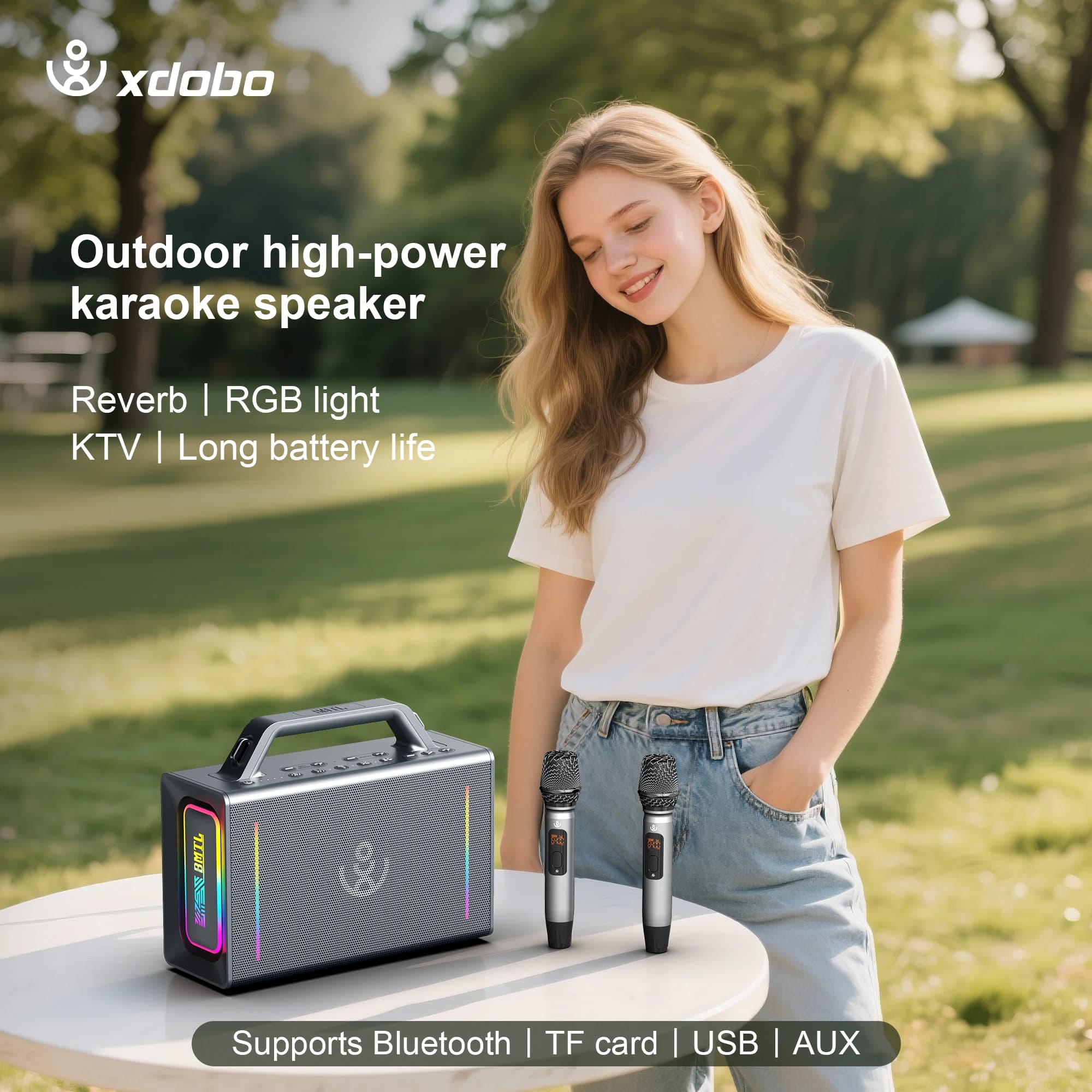 Xdobo 200W Peak Portable Wireless Speaker Karaoke Machine With 2 Microphones Loud Stereo Portable Deep Bass RGB For Outdoor