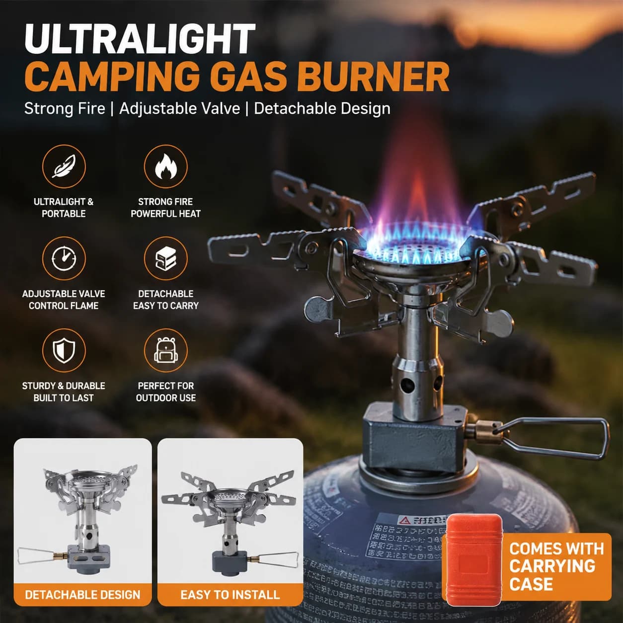 Outdoor Ultralight Detachable Camping Gas Burner Stove Adjustable Valve Strong Fire Backpacking Stove Heater for Hiking Picnic