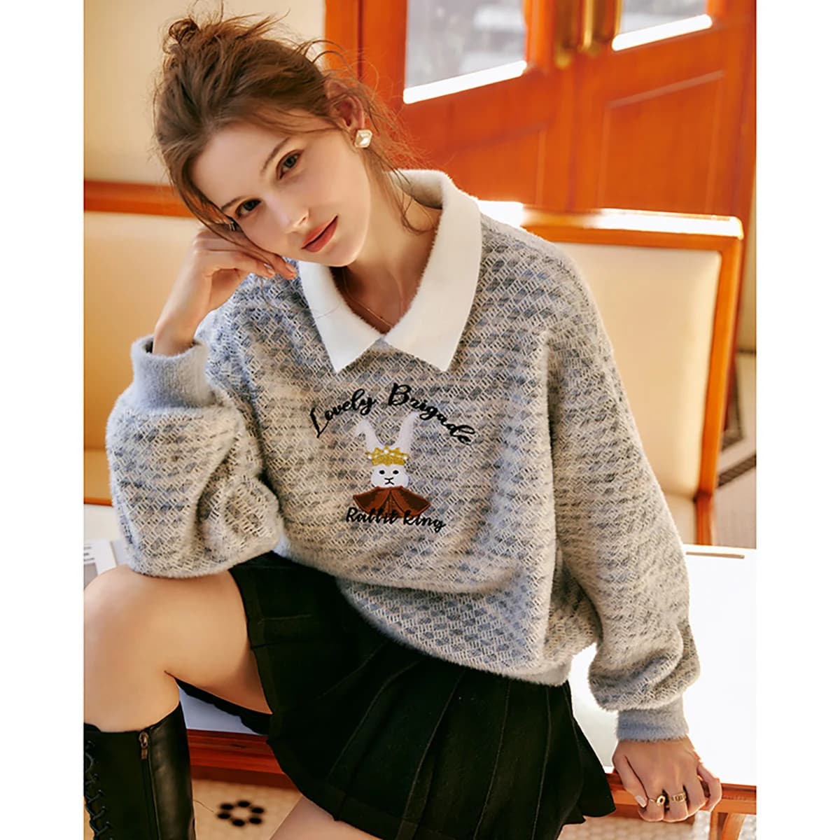 Maglione a Maniche Lunghe OLrain da Donna Autunno 2026, Moda Francese Grigia con Collo a Polo, Nuovo Stile College, Top Femminile Ringiovanente O56DR58890