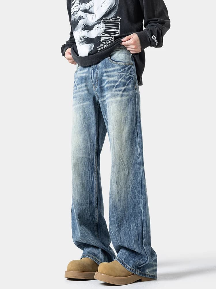 Jeans da Uomo Cleanfit Stile Americano High Street, Jeans a Gamba Larga Effetto Fuliggine, Pantaloni a Gamba Dritta Lavati, Moda Giovanile