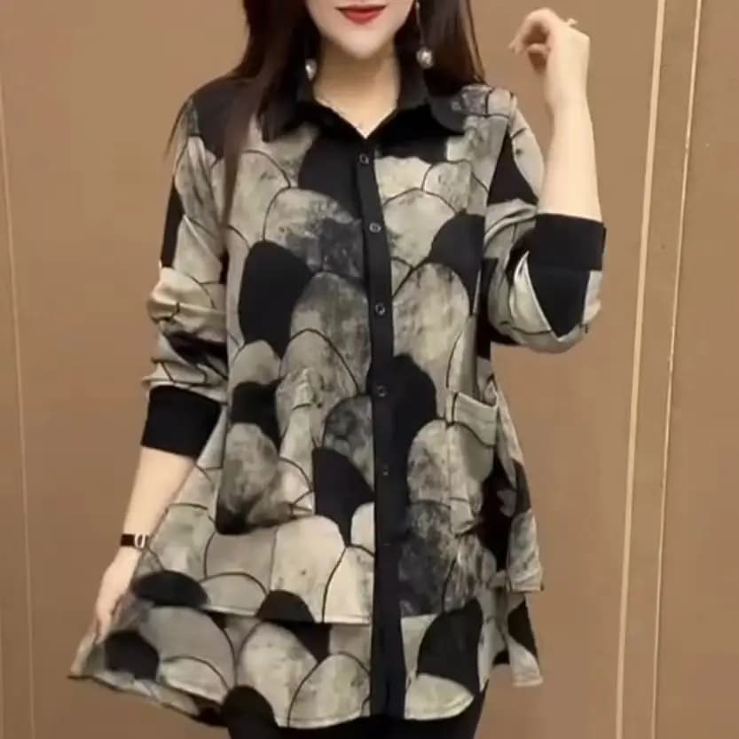 Abito camicia primaverile chic in chiffon, lunghezza media, elegante e lussuoso, versatile per le mamme, camicia ampia e casual con colletto ampio