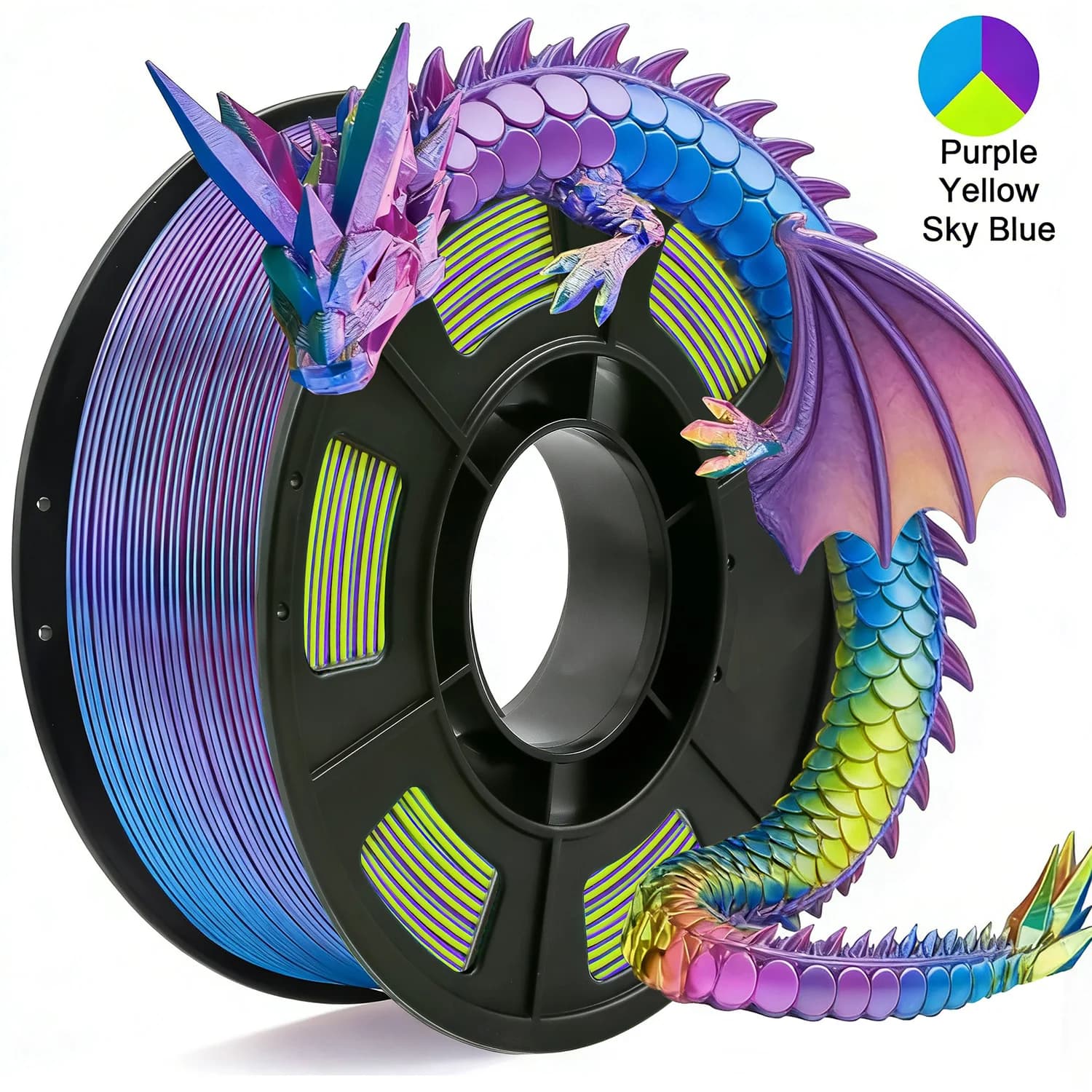 3D Printer Filament in PLA Tricolor Silk, 1.75mm Multicolor, Purple, Blue and Yellow, 250g (0.55 pounds)