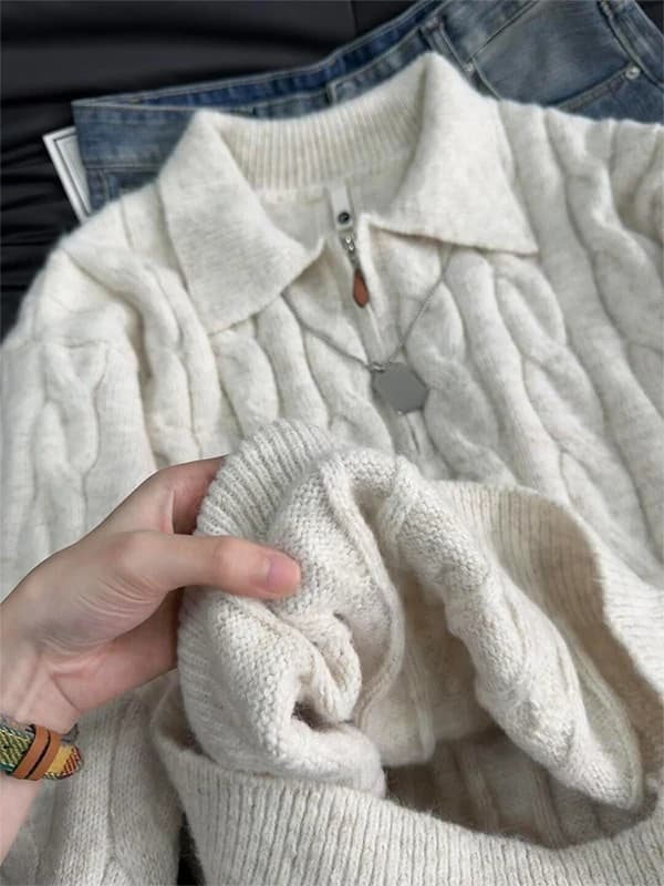 Maglione Americano Lazy Style con Zip, in Maglia a Pois, per Uomo e Donna, Autunno Inverno, Morbido e Confortevole