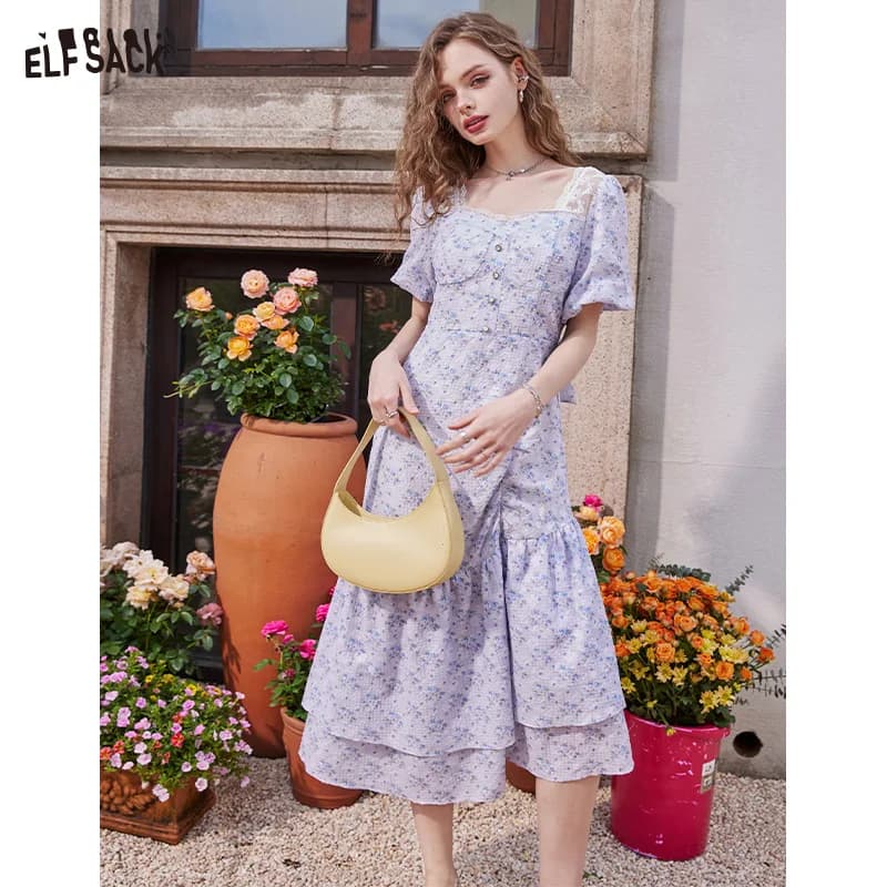 ELFSACK 2024 estate nuove maniche a sbuffo arruffate temperamento floreale vestito da vacanza delicato per le donne