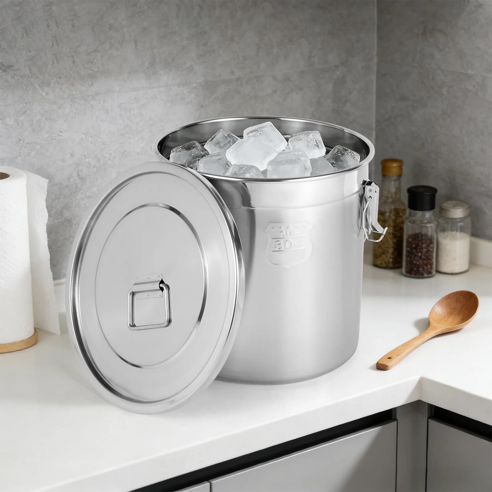 Contenitore Ermetico da 33L/1115oz in Acciaio Inox 304, Secchio per Conservazione in Cucina, Contenitore per Alimenti Secchi 14,96*14,17 Pollici