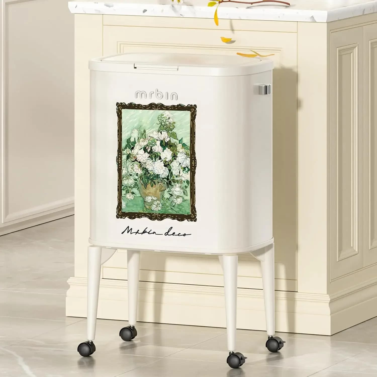 Cestino per rifiuti in metallo per cucina con ruote, 36L / 9.5gal, coperchio a pressione medio, cestino sottile rimovibile, contenitore alto e stretto a prova di animali domestici