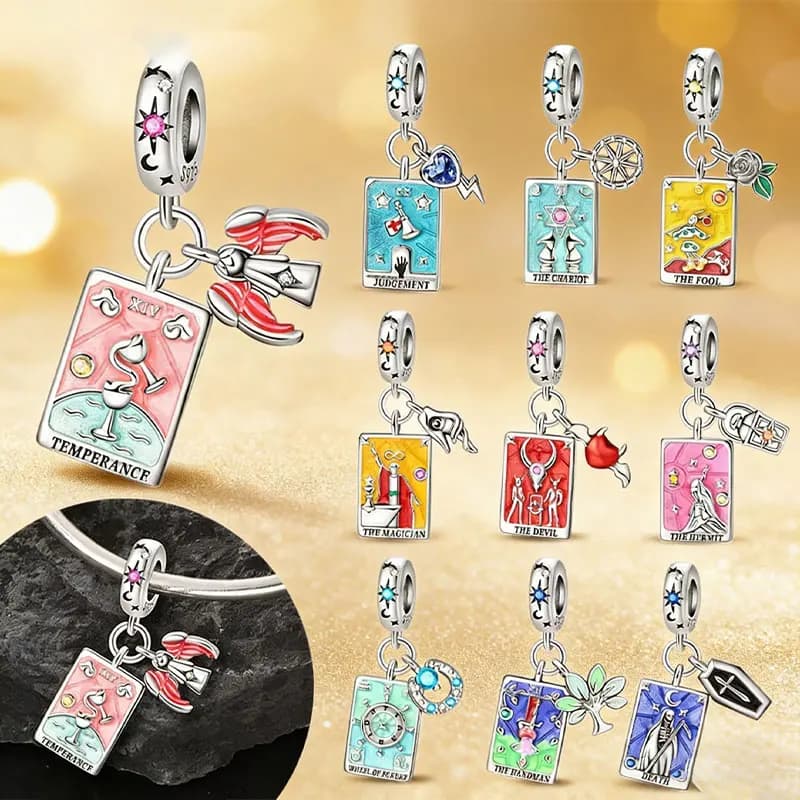 Tarot Card Divination Magic Silver Plated Beads Original Charms Fit Bracelets Bag Keychain Charms DIY Women Gift Accessory