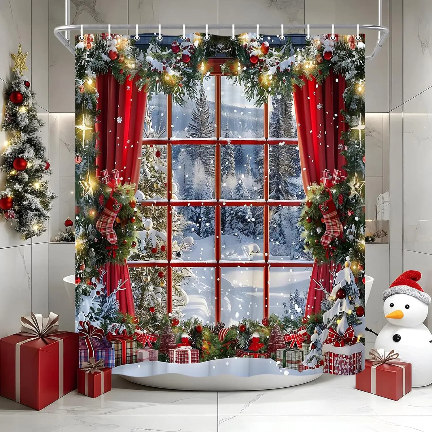 Buon Natale Tenda da doccia Inverno Ghirlanda di Natale Scena di neve Fiocco di neve Foresta rustica Vacanze in fattoria Capodanno Finestra Bagno