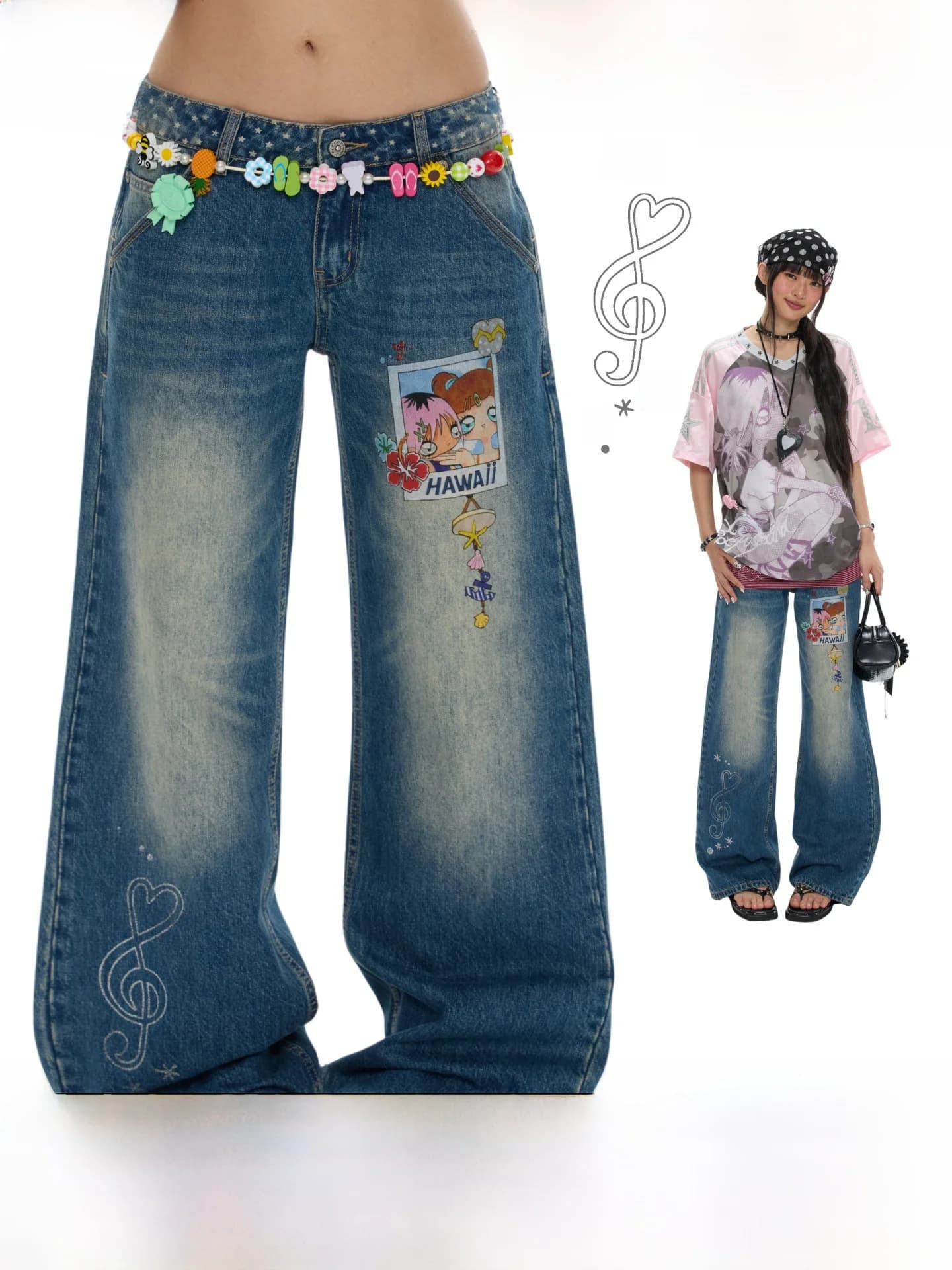 Washed Denim Pants Star Splicing Summer Style Women's Jeans Polka Dot Pattern Natural Waist Loose Fit Teen Girls Fashion