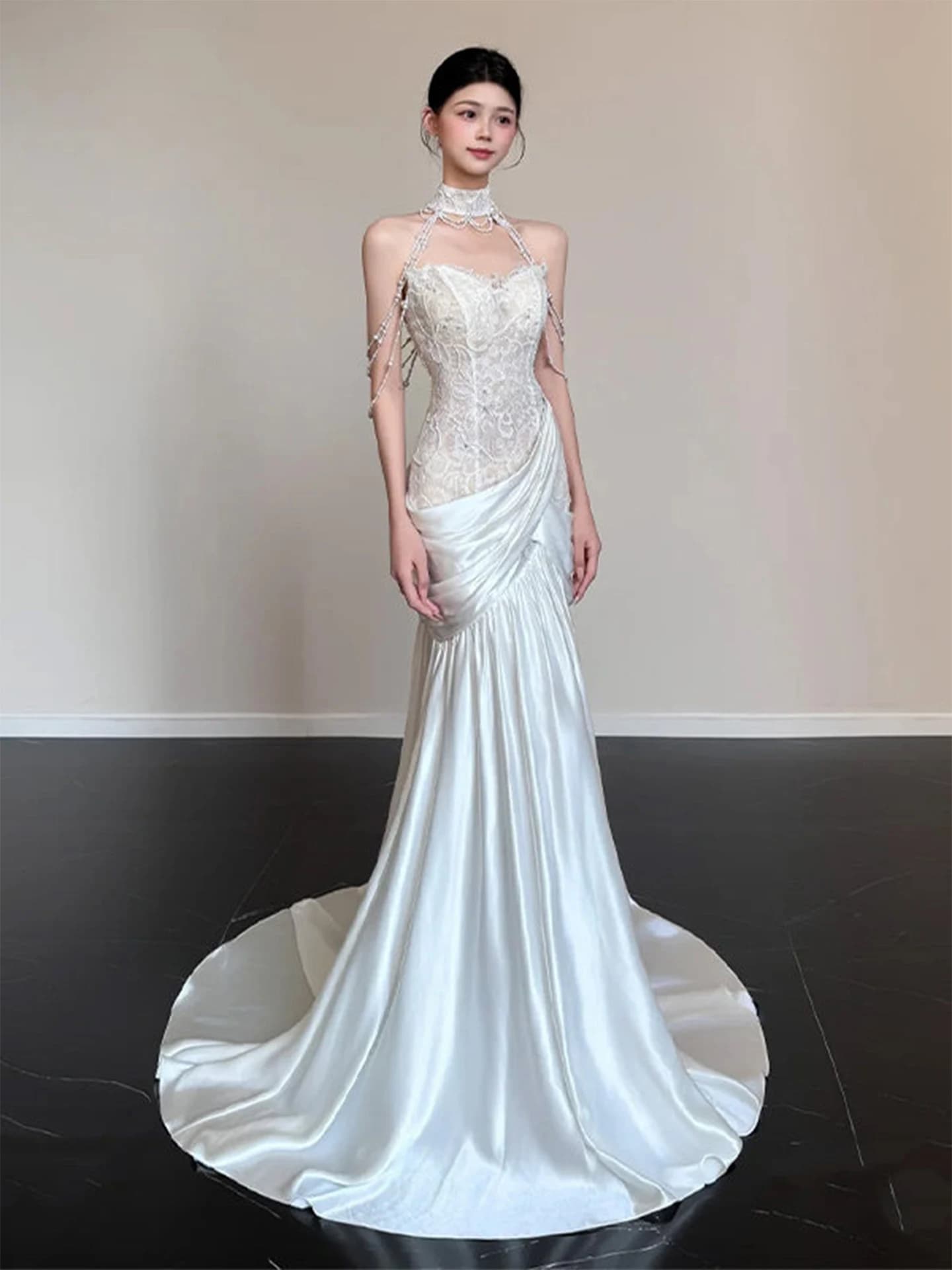 Elegante Abito da Sposa a Sirena in Pizzo, Stile Cortina, Senza Maniche, a Colonna, Lungo, per Fidanzamento e Accoglienza Ospiti