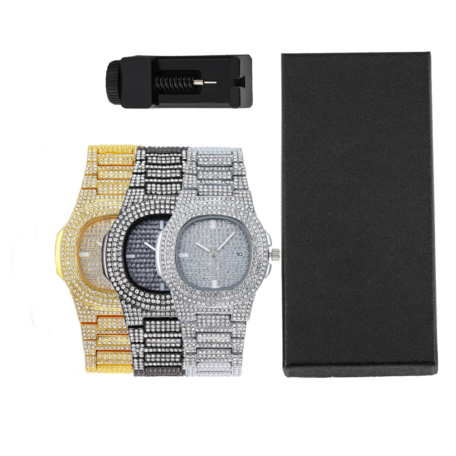 Luxury hip-hop quartz watch set in 2 pieces with full diamonds with adjustable watch and gift box Fashionable jewelry for men and women