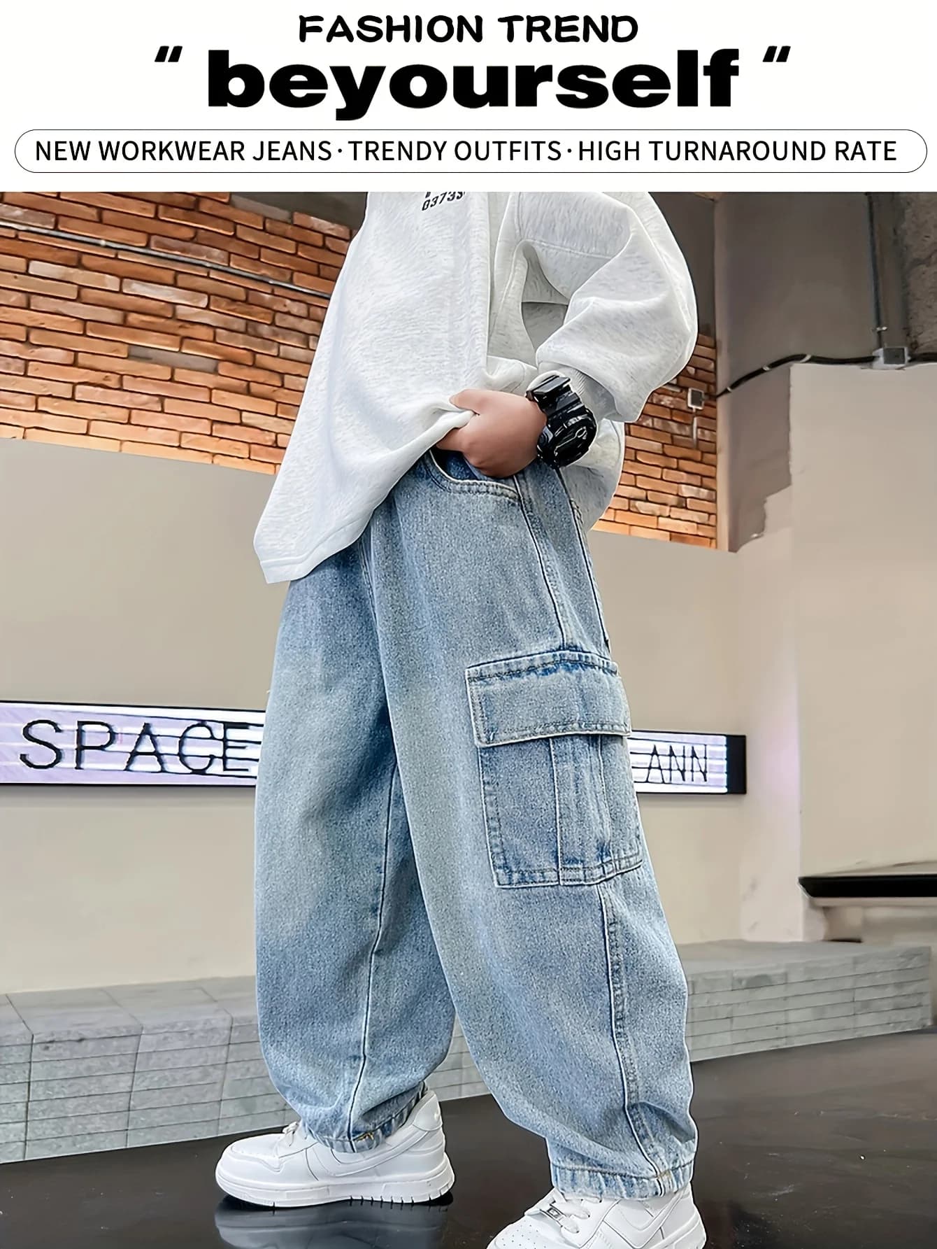 Jeans casual da lavoro a gamba dritta da strada, eleganti e belli, casual, di grandi dimensioni, per quattro stagioni, da ragazzo.
