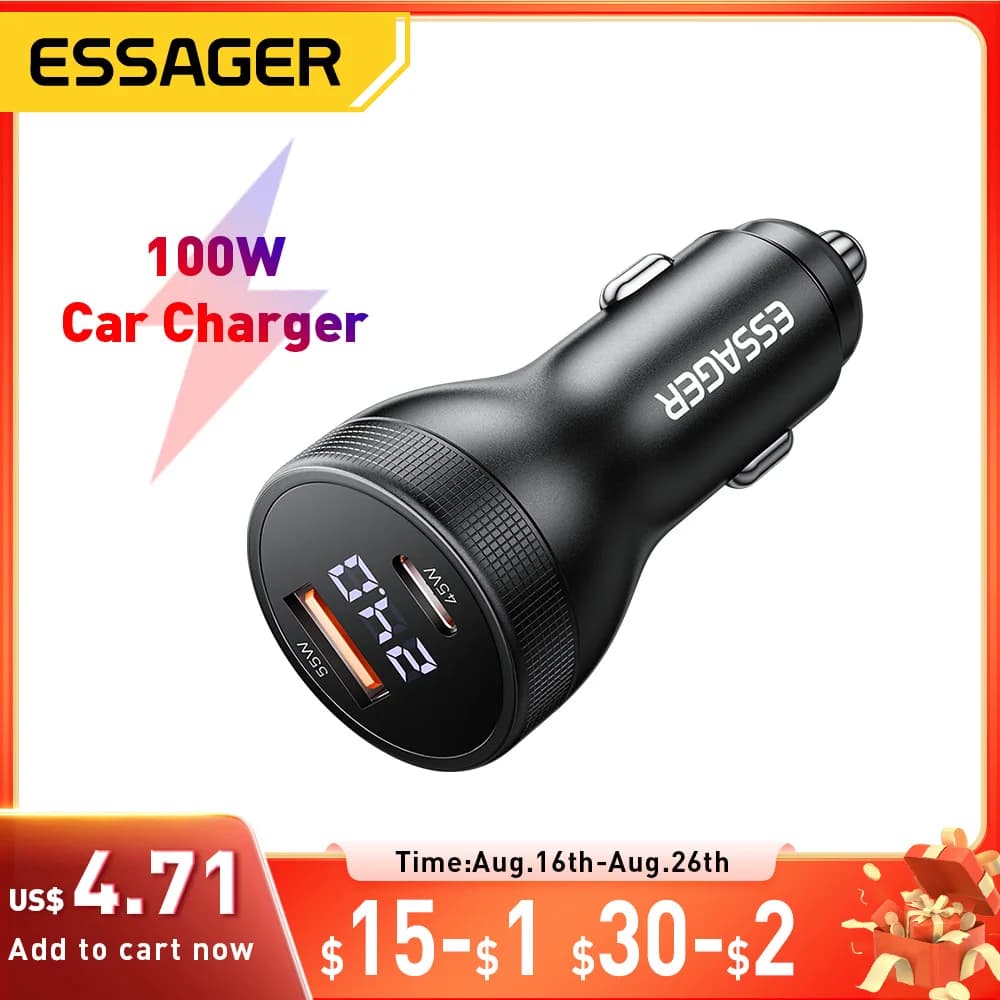 Essager 100W Car Charger USB C Quick Charge PD 45W for iPhone 15 Pro 14 Xiaomi Poco Samsung Galaxy S24 Fast Charger Charging