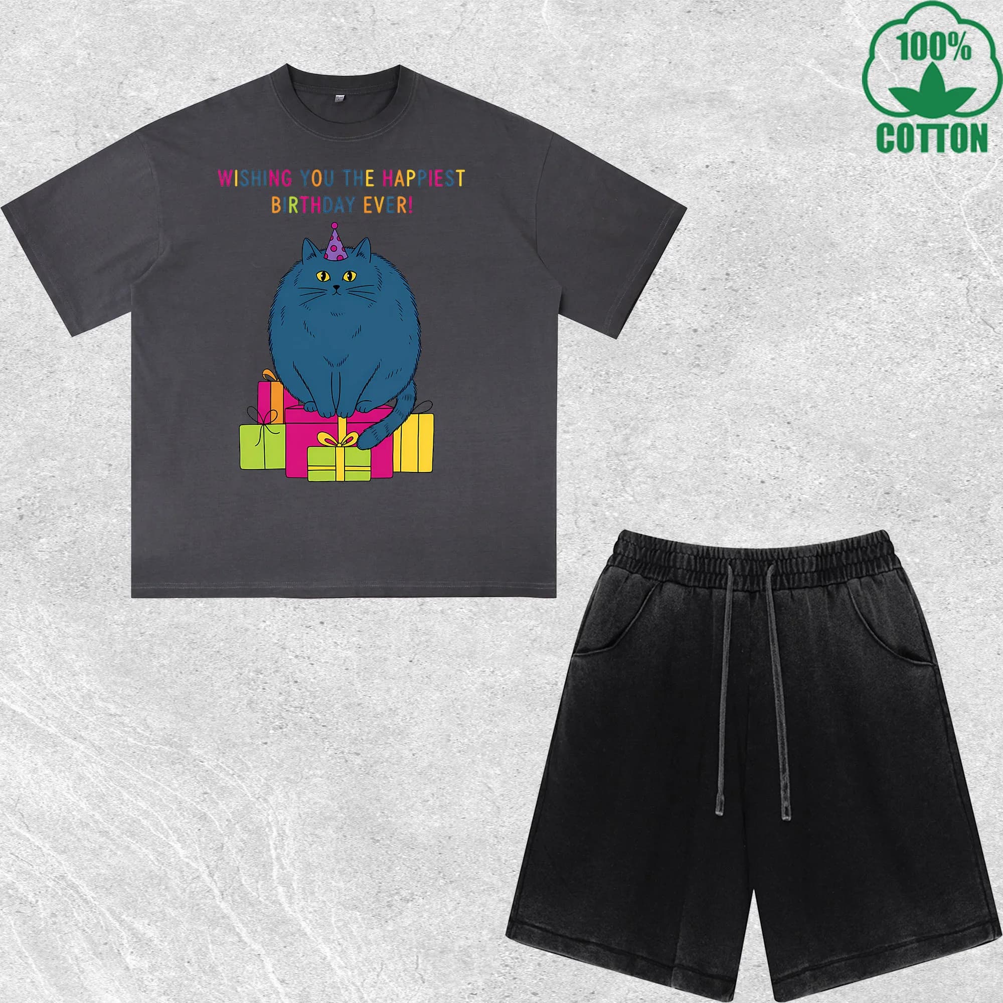 Set Completo T-Shirt e Pantaloncini Stampati Effetto Usurato per Compleanno - Stile Trendy e Comodo 100% Cotone - Confezione Convenienza