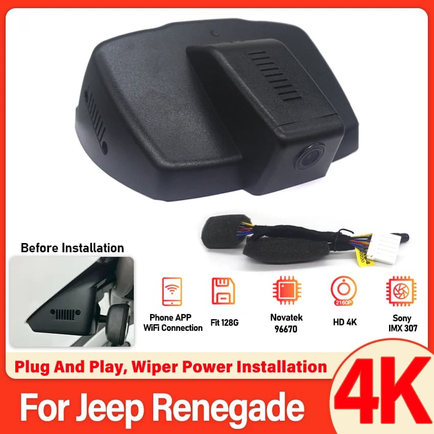 Dash Cam for Jeep Renegade 2015-2018 2019 2020 2021 2022, DVR Auto Style OEM, Supports 128GB Max, Video Recorder 4K, Dashcam