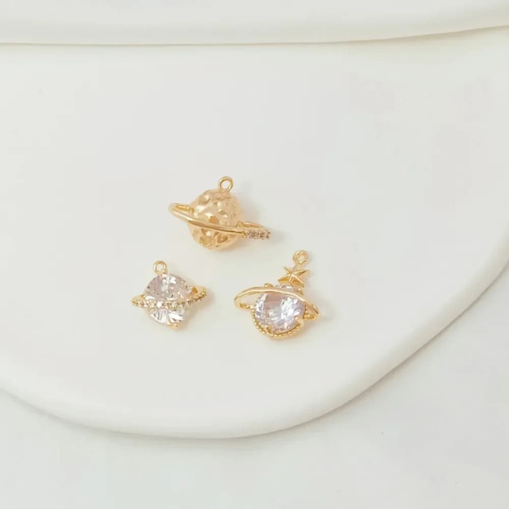 14K Gold-plated Zircon Crystal Planet Pendant, Handcrafted DIY Bracelet Necklace, Galaxy Pendant Material Accessory