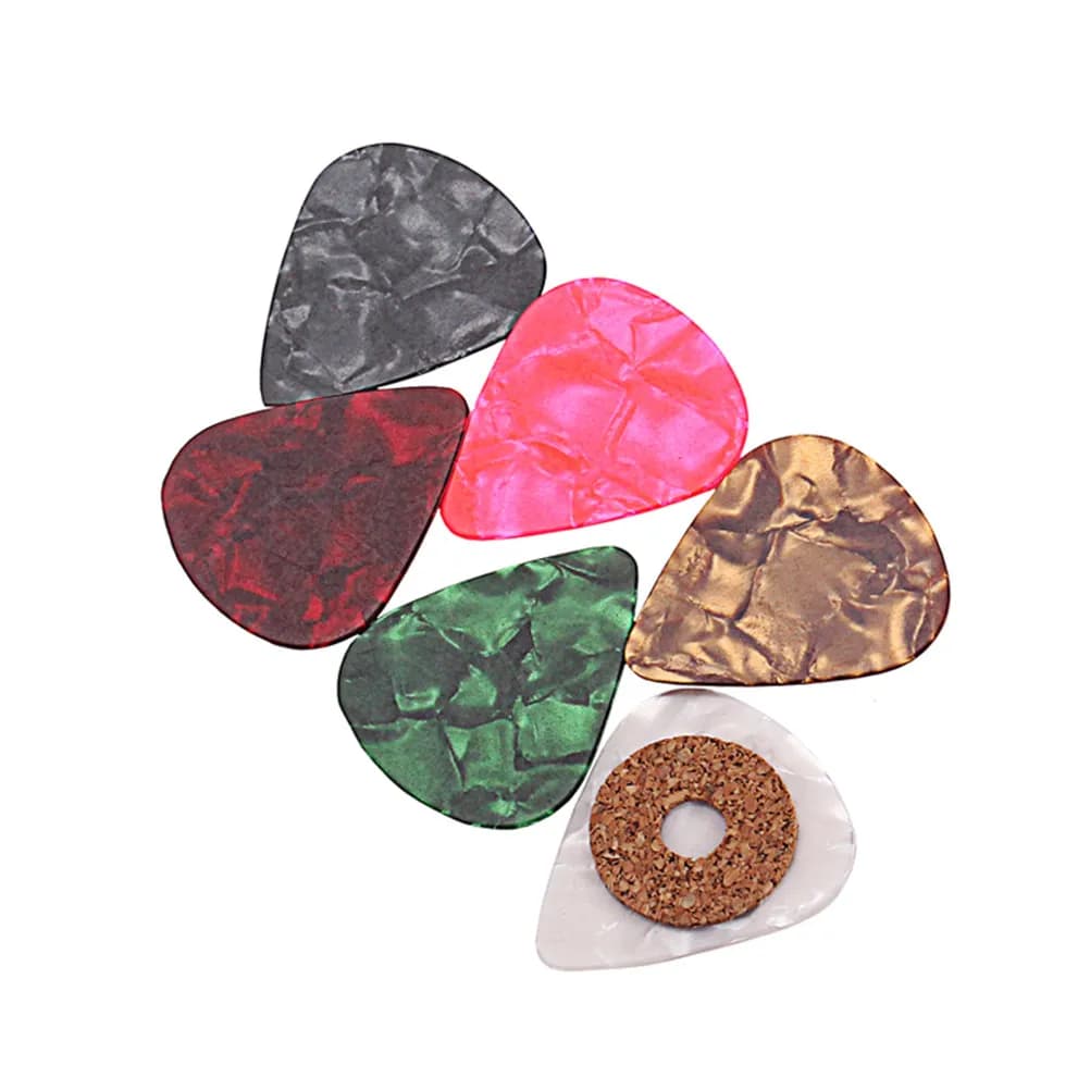 Set di 6 Plettri in Celluloide Colorati Sottili con Impugnatura Antiscivolo in Sughero per Chitarra, Basso, Ukulele, Mandolino, Banjo e Chitarra Acustica