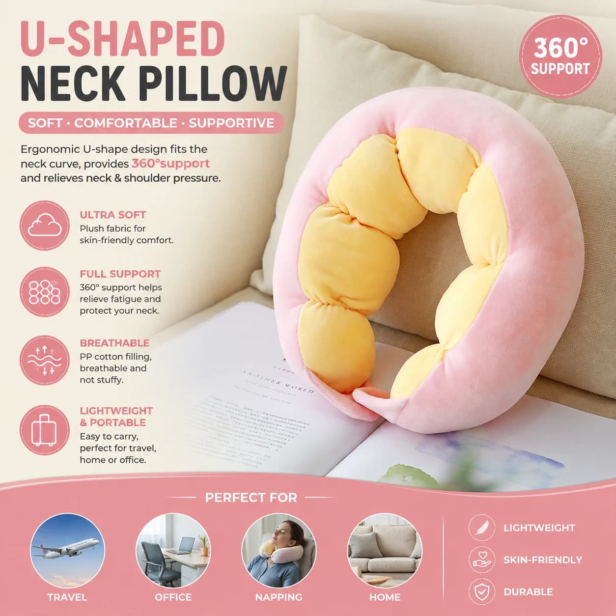 Plush U-shaped neck pillow PP cotton headrest for outdoor travel portable U-pillow formulated cartoon pea neck pillow