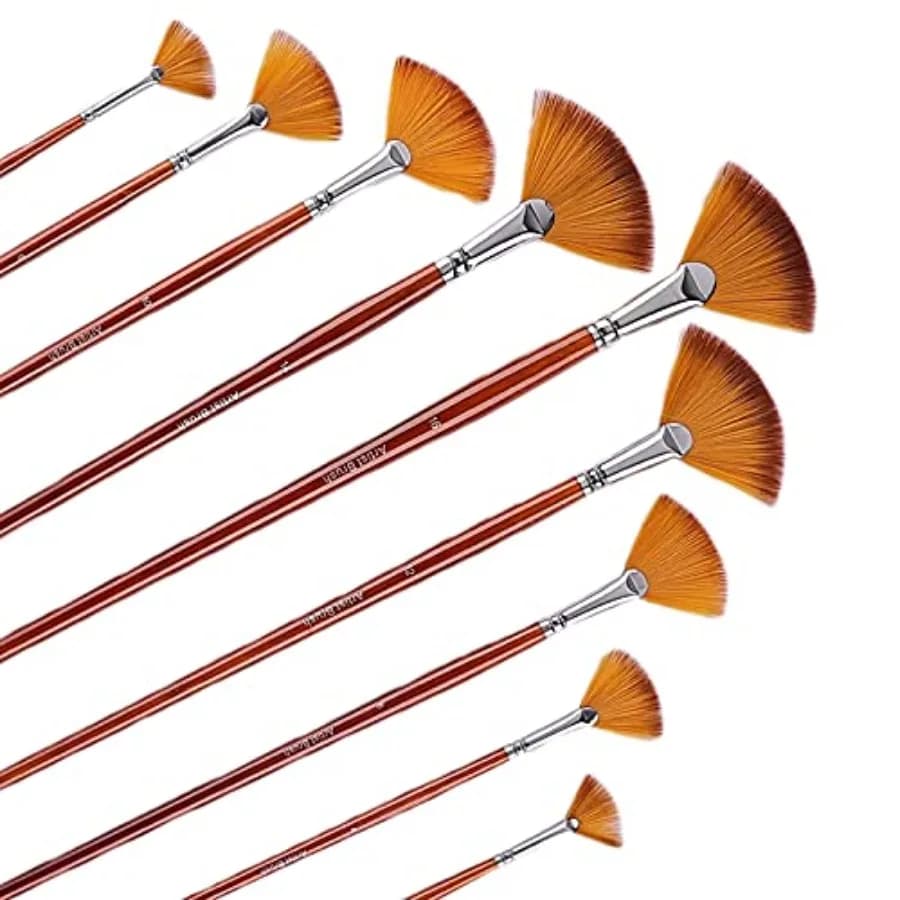Fan Paint Brush Set of 9 Pcs, Professional Artist Acrylic Paint Brushes Set with Long Wood Handles Anti-Shedding Nylon Hair for