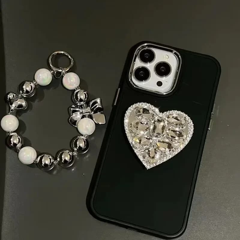Custodia per telefono con strass lucidi e supporto per iPhone 16 15 13 Pro 12 11 Pro Max, con braccialetto e guscio morbido