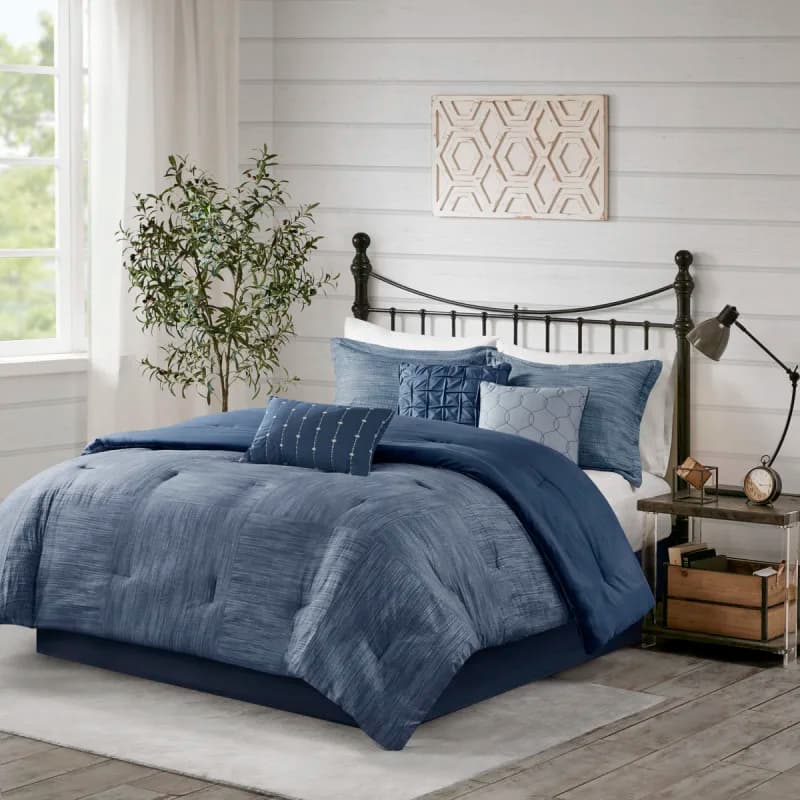 7 Piece Printed Seersucker Comforter Set Navy King