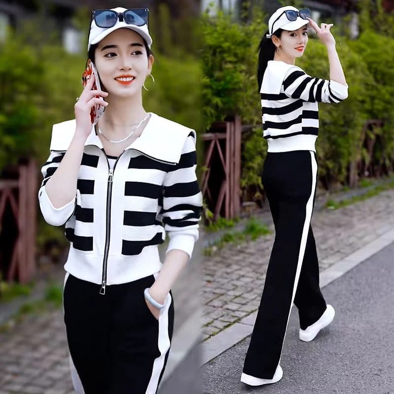 Set Primaverile e Autunnale Casual con Cardigan a Righe e Pantaloni, Abbigliamento Sportivo Alla Moda per Donne di 20 e 30 Anni