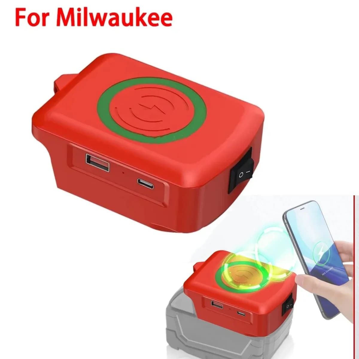 Adattatore per caricabatterie wireless per telefono cellulare Milwaukee 18V Adattatore per caricabatterie wireless con USB e tipo C per viaggi in campeggio all'aperto