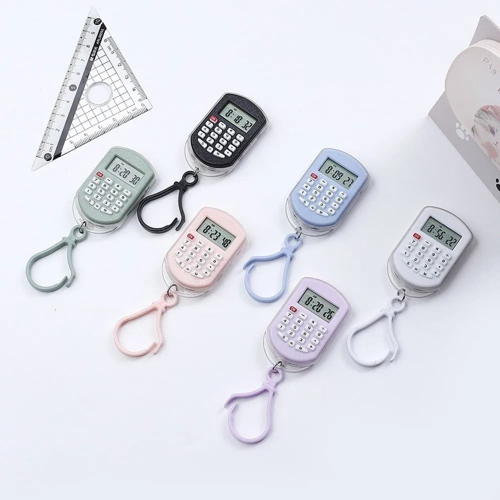 Portable Mini Calculator Time Display Silent Button Electronic Calculator Lightweight 8 Digits Display Keychain Calculator