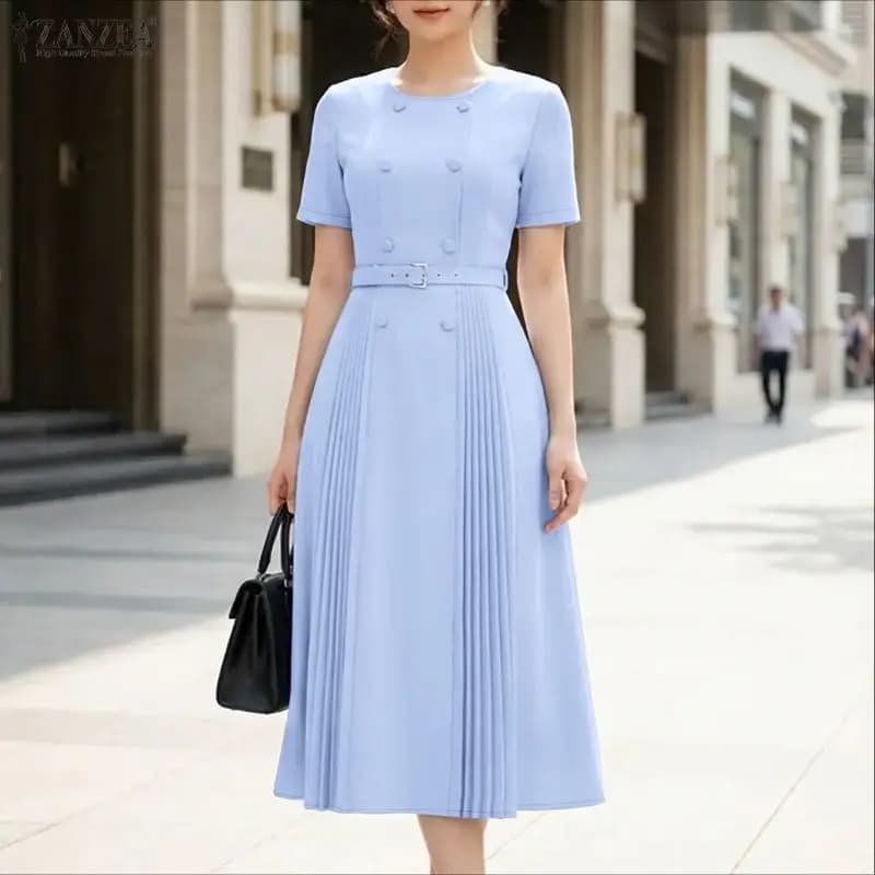 ZANZEA Women's Elegant Midi Dress O-Neck Short Sleeve Cinch Waist Pleated Detailing A-Line Robes Femme Office Commute Dresses